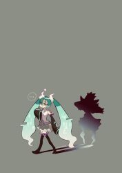 Rule 34 | ..., 1girl, aqua hair, artist name, commentary, creatures (company), detached sleeves, different shadow, full body, game freak, gen 4 pokemon, ghost miku (project voltage), glitch, gradient hair, grey background, hair between eyes, hatsune miku, highres, long hair, mismagius, multicolored hair, nintendo, pokemon, pokemon (creature), print sleeves, project voltage, see-through, see-through skirt, shadow, silhouette, simple background, skirt, symbol-only commentary, thought bubble, twintails, twitter username, two-tone hair, very long hair, vocaloid, walking, white hair, zozozoshion