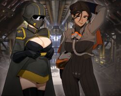 Rule 34 | 2girls, 3d background, adapted costume, armor, black bodysuit, black gloves, black hair, black thighhighs, bodysuit, breasts, brown eyes, brown lips, cape, capelet, cleavage, covered face, dark-skinned female, dark skin, dress, eagle 1 (helldivers), gloves, grey cape, grey dress, hand in own hair, helldiver (helldivers), helldivers (series), helmet, highres, holding, holding helmet, hong doo, impossible bodysuit, impossible clothes, large breasts, looking at viewer, low neckline, mole, mole under eye, mole under mouth, multiple girls, multiple moles, orange capelet, pilot suit, ribbed bodysuit, short dress, shoulder armor, thighhighs, unworn headwear, unworn helmet, zettai ryouiki