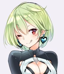 Rule 34 | 1girl, :q, bad id, bad twitter id, breasts, cleavage, copyright request, earrings, green hair, grey background, hair between eyes, heart, heart earrings, highres, jewelry, looking at viewer, medium hair, mole, mole under eye, one eye closed, red eyes, short hair, simple background, smile, solo, suruga (xsurugax), tongue, tongue out, upper body