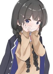 Rule 34 | 1girl, black hair, black jacket, blazer, blue eyes, blush, bow, braid, brown sweater, closed mouth, collared shirt, commentary request, flower, hair flower, hair ornament, hair over shoulder, hairclip, highres, jacket, jacket on shoulders, long hair, long sleeves, looking at viewer, low twintails, nijisanji, pink bow, pink flower, shirt, shiwa (siwaa0419), simple background, sleeves past wrists, solo, sweater, tsukino mito, tsukino mito (1st costume), twin braids, twintails, upper body, very long hair, virtual youtuber, white background, white shirt