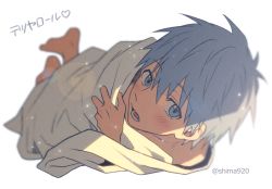 Rule 34 | 1boy, barefoot, bed sheet, blue eyes, blue hair, blurry, blush, commentary request, depth of field, grey background, hair between eyes, kuroko no basuke, kuroko tetsuya, lens flare, light particles, looking at viewer, lower teeth only, male focus, mashima shima, naked sheet, open mouth, short hair, simple background, solo, teeth, translation request, twitter username