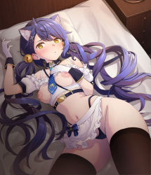 Rule 34 | 1girl, ahoge, amamiya kokoro, amamiya kokoro (2nd costume), amuriha, animal ear fluff, animal ears, apron, asymmetrical bangs, bed, bell, belt, between breasts, blue hair, blue necktie, blush, braid, breasts, brown thighhighs, cat ears, detached collar, drawer, ear blush, female pubic hair, french braid, frilled sleeves, frills, gloves, hair bell, hair ornament, hand on own chest, highleg, highleg panties, highres, jingle bell, long hair, looking at viewer, lying, medium breasts, navel, necktie, necktie between breasts, nijisanji, nipples, on back, on bed, panties, parted lips, pillow, pubic hair, puffy short sleeves, puffy sleeves, revealing clothes, short sleeves, side braid, solo, thighhighs, twintails, underwear, very long hair, virtual youtuber, waist apron, white gloves, x hair ornament, yellow eyes