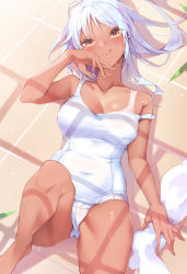 Rule 34 | 1girl, :q, arm up, armpits, bare arms, bare legs, bare shoulders, barefoot, blush, breasts, cameltoe, cleavage, closed mouth, collarbone, competition school swimsuit, covered navel, hand on own face, heart, heart-shaped pupils, highres, kanola u, knee up, long hair, looking at viewer, lying, medium breasts, on back, on floor, one-piece swimsuit, one-piece tan, original, school swimsuit, silver hair, smile, solo, sparkle, strap slip, swimsuit, symbol-shaped pupils, tan, tanline, tile floor, tiles, tongue, tongue out, towel, white one-piece swimsuit, yellow eyes