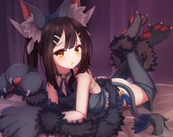 Rule 34 | 1girl, absurdres, animal ears, animal hands, ass, bare shoulders, bell, black hair, black panties, black thighhighs, blush, boots, breasts, brown eyes, cat ears, chawan (yultutari), fate/kaleid liner prisma illya, fate (series), fur trim, gloves, hair ornament, hairclip, highres, jingle bell, legs up, long hair, looking at viewer, lying, miyu edelfelt, on bed, on stomach, open mouth, panties, paw gloves, paw shoes, ponytail, shoes, sleeveless, small breasts, solo, tail, thigh boots, thighhighs, underwear
