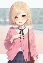 Rule 34 | 1girl, black ribbon, black skirt, blonde hair, blurry, blurry background, blush, braid, braided bangs, brown eyes, cardigan, commentary request, day, french braid, hair behind ear, hair ornament, hairclip, highres, kanpa (campagne 9), light smile, long sleeves, looking at viewer, neck ribbon, open mouth, original, outdoors, pink cardigan, plaid, ribbon, shirt, short hair, skirt, solo, white shirt