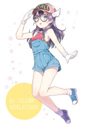 Rule 34 | 1girl, :o, absurdres, bare shoulders, black-framed eyewear, blue eyes, blush, breasts, character name, chitetan, copyright name, cross-laced footwear, dr. slump, full body, glasses, gloves, hand up, hat, highres, long hair, looking at viewer, norimaki arale, overalls, purple hair, round eyewear, salute, shoes, small breasts, smile, sneakers, socks, solo, star (symbol), surprised, white background, white gloves, white socks