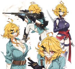 1girl absurdres belt bird black_footwear black_gloves black_leotard black_nails blonde_hair boots breasts brown_belt cleavage coin commentary cosplay cowboy_boots dokibird_(vtuber) dotthebot dragoon_(dokibird) english_commentary gloves green_eyes green_shirt gun heart heterochromia highres holding holding_gun holding_sword holding_weapon indie_virtual_youtuber large_breasts leotard light_blush long_sleeves looking_at_viewer marvel medium_hair open_mouth pants pink_eyes psylocke psylocke_(cosplay) rifle shell_casing shirt simple_background sleeves_rolled_up smile standing striped_clothes striped_shirt sword torn_clothes torn_shirt virtual_youtuber weapon weapon_request white_background white_pants