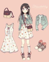 Rule 34 | 1girl, bag, black footwear, black hair, blue jacket, blush, bow, closed mouth, commentary request, dress, english text, flower, food print, full body, grey eyes, hair flower, hair ornament, hand up, highres, jacket, kneehighs, long hair, long sleeves, looking at viewer, open clothes, open jacket, original, pink background, pleated dress, print dress, red bow, romaji text, sakura oriko, shoes, shoulder bag, simple background, sleeveless, sleeveless dress, smile, socks, solo, standing, strawberry print, translation request, white dress, white flower, white socks