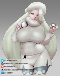 Rule 34 | 1girl, 7muramasa, blonde hair, blue eyes, blue pantyhose, breasts, creatures (company), earrings, fur collar, fur hat, game freak, half-closed eyes, hat, holding, holding poke ball, jewelry, large breasts, lipstick, long hair, long sleeves, makeup, mature female, melony (pokemon), multicolored hair, nintendo, pantyhose, pantyhose under shorts, parted lips, pink lips, poke ball, pokemon, pokemon swsh, shorts, simple background, solo, streaked hair, sweater, two-tone hair, ultra ball, ushanka, white shorts, white sweater