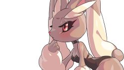 Rule 34 | 1girl, animal nose, bare shoulders, black choker, black leotard, black sclera, blush, body fur, breasts, brown fur, choker, cleavage, closed mouth, colored sclera, creatures (company), drunkoak, female focus, from side, furry, furry female, game freak, gen 4 pokemon, half-closed eyes, hand on own chin, hand up, highres, leaning forward, leotard, lopunny, nintendo, playboy bunny, pokemon, pokemon (creature), rabbit ears, rabbit girl, rabbit tail, red eyes, simple background, skindentation, small breasts, solo, standing, strapless, strapless leotard, stroking own chin, thick thighs, thighs, transparent background, two-tone fur, yellow fur