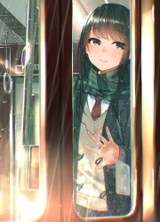 Rule 34 | 1girl, absurdres, black eyes, black hair, black jacket, chromatic aberration, closed mouth, coat, duffel coat, green scarf, grey sweater, hand on glass, highres, jacket, long hair, long sleeves, looking at viewer, looking outside, necktie, open clothes, open jacket, original, plaid, plaid scarf, red necktie, rerrere, scarf, school uniform, shirt, solo, sweater, train interior, undershirt, water drop, white shirt, wing collar