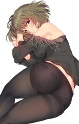 Rule 34 | 10s, 1girl, ass, bare shoulders, black pantyhose, black shorts, blue eyes, blush, brown hair, commentary request, fringe trim, from behind, green eyes, heterochromia, idolmaster, idolmaster cinderella girls, looking at viewer, lying, mataro (matarou), mole, mole under eye, off shoulder, on side, pantyhose, pantyhose under shorts, shiny skin, short hair, shorts, simple background, smile, solo, takagaki kaede, thighband pantyhose, white background