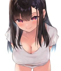Rule 34 | 1girl, bent over, black hair, blurry, blush, breasts, calm mashiro, cleavage, closed mouth, collarbone, commentary request, depth of field, downblouse, hair ornament, hairclip, hanging breasts, large breasts, leaning forward, long hair, looking at viewer, no pants, original, panties, purple eyes, shirt, short sleeves, signature, simple background, smile, smug, solo, underwear, white background, white panties, white shirt