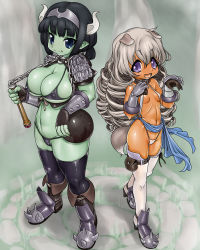 Rule 34 | 2girls, abs, animal ears, breasts, chain, character request, cleavage, colored skin, green skin, horns, large breasts, monster girl, multiple girls, nurugamer-kouyouju, small breasts, source request, tagme, tail