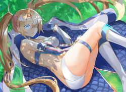 Rule 34 | 1girl, ass, bad id, bad pixiv id, bare shoulders, bikini, blonde hair, blue bikini, blue eyes, boots, bradamante (fate), bradamante (third ascension) (fate), braid, breasts, butt crack, cleavage, coat, crown braid, elbow gloves, fate/grand order, fate (series), gloves, grass, hair between eyes, highres, knee boots, long hair, looking at viewer, lying, medium breasts, on side, one eye closed, open clothes, open coat, open mouth, shade, solo, swimsuit, thigh strap, thighs, tsukise miwa, twintails, two-tone bikini, very long hair, white bikini, white footwear