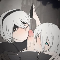 Rule 34 | 1boy, 2girls, animated, blindfold, blue eyes, cooperative fellatio, erection, fellatio, gloves, green eyes, hair between eyes, hairband, heart, heart-shaped pupils, holding hands, long hair, looking at viewer, multiple girls, nier:automata, nier (series), one eye closed, one eye covered, oral, penis, pov, short hair, silver hair, symbol-shaped pupils, tvcomrade, uncensored, 2b (nier:automata), 9s (nier:automata), a2 (nier:automata)