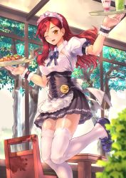 Rule 34 | 1girl, ;d, apron, black skirt, blue footwear, blue ribbon, buttons, chair, corset, cup, cursive, drink, drinking glass, follen (639594), food, garter straps, highres, holding, indoors, lace, lace-trimmed legwear, lace trim, leg up, loafers, long hair, looking at viewer, maid, maid apron, maid headdress, name tag, one eye closed, open mouth, original, parted lips, pleated skirt, red hair, ribbon, shirt, shoes, skirt, smile, solo, standing, swept bangs, table, thighhighs, tray, tree, underbust, waitress, white shirt, white thighhighs, wing collar, yellow eyes, zettai ryouiki