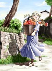 Rule 34 | 1girl, apple, blonde hair, blue eyes, braid, bucket, carrying, food, fruit, grass, nature, open mouth, ringo, skirt, solo, spilling, stone wall, tree, wall