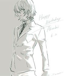 Rule 34 | 1boy, akechi gorou, birthday, character name, closed mouth, greyscale, hair between eyes, happy birthday, jacket, long sleeves, male focus, monochrome, necktie, persona, persona 5, sawa2, signature, solo, striped clothes, striped necktie, striped neckwear, upper body, vertical-striped clothes, vertical-striped necktie