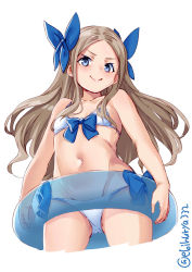 Rule 34 | &gt;:), 1girl, alternate costume, asakaze (kancolle), bare arms, bare shoulders, bikini, blue eyes, blush, bow, breasts, cleavage, collarbone, cowboy shot, cropped legs, ebifurya, from below, groin, hair bow, highres, kantai collection, lifebuoy, light brown hair, long hair, looking at viewer, lowleg, lowleg bikini, parted bangs, small breasts, smug, solo, stomach, swim ring, swimsuit, thighs, twitter username, v-shaped eyebrows, wavy hair, white background, white bikini