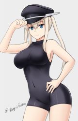 Rule 34 | 10s, 1girl, adjusting clothes, adjusting headwear, armpits, bare shoulders, blonde hair, blue eyes, bodysuit, breasts, closed mouth, collarbone, contrapposto, covered navel, cowboy shot, from side, fuuma nagi, graf zeppelin (kancolle), grey background, hair between eyes, halterneck, hand on own hip, hand up, hat, impossible clothes, kantai collection, large breasts, light smile, long hair, looking at viewer, peaked cap, sideboob, sidelocks, simple background, skin tight, smile, solo, standing, thighs, turtleneck, twintails, twitter username, unitard, white hair