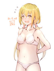 Rule 34 | 1girl, artist logo, blonde hair, bra, commentary request, cowboy shot, dated, flying sweatdrops, highres, kantai collection, ld (luna dial398), long hair, low twintails, one-hour drawing challenge, open mouth, panties, satsuki (kancolle), simple background, solo, twintails, underwear, underwear only, white background, white bra, white panties, yellow eyes