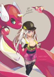 Rule 34 | 10s, 1girl, alternate color, baseball cap, belt, black gloves, black hat, black thighhighs, breasts, cellphone, cleavage, closed mouth, creatures (company), dragonair, female protagonist (pokemon go), fingerless gloves, game freak, gen 1 pokemon, gloves, hat, highres, holding, holding phone, large breasts, long hair, mabinogi, nao (mabinogi), nintendo, phone, pokemon, pokemon (creature), pokemon go, quchi huoguoba, shorts, smartphone, thighhighs, twintails, white hair