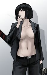 Rule 34 | 1girl, absurdres, badnick69 (camchi), belt, black belt, black gloves, black hair, black jacket, black pants, blunt bangs, bob cut, breasts, cigarette, collar, commentary request, cowboy shot, gloves, gradient background, highres, holding, holding sword, holding weapon, jacket, korean commentary, lapels, limbus company, long sleeves, medium breasts, naked jacket, notched lapels, open mouth, pants, project moon, ryoshu (project moon), shadow, sheath, sheathed, short hair, single glove, smoke, smoking, solo, standing, sword, teeth, upper teeth only, weapon, white background