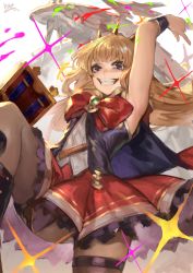 Rule 34 | 1girl, absurdres, blonde hair, book, cagliostro (granblue fantasy), granblue fantasy, hand up, highres, long hair, looking at viewer, peperon (peperou), purple eyes, red ribbon, red skirt, ribbon, skirt, smile, solo, tagme, teeth