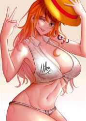 Rule 34 | 1girl, breasts, hat, highres, large breasts, midriff, mifenami, nami (one piece), one eye closed, one piece, orange eyes, orange hair, shoulder tattoo, tattoo, tongue, tongue out, wink