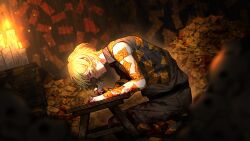 Rule 34 | 1boy, blonde hair, blood, blood on clothes, blood on hands, candle, collared shirt, e.g.o (project moon), game cg, highres, japanese clothes, kataginu, limbus company, nai ga, official art, project moon, shirt, short hair, sinclair (project moon), solo, striped clothes, striped shirt, table, talisman, writing, yellow eyes