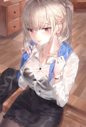 Rule 34 | 1girl, black bra, black pantyhose, black skirt, blonde hair, blush, bra, breasts, buttons, closed mouth, collared shirt, dress shirt, drying, highres, indoors, kfr, large breasts, long hair, long sleeves, looking at viewer, office lady, one side up, original, pantyhose, pencil skirt, pink lips, red eyes, shelf, shirt, sitting, skirt, solo, towel, towel around neck, underwear, watch, water drop, wet, wet clothes, wet shirt, white shirt, wooden floor, wristwatch