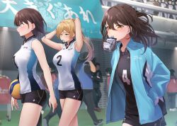 Rule 34 | absurdres, adjusting hair, armpits, arms up, ball, black hair, black shorts, blush, breasts, extra, hand in pocket, highres, holding, holding ball, jacket, large breasts, light brown hair, looking at viewer, mouth hold, original, ponytail, shirt, shorts, sleeveless, sleeveless shirt, sportswear, stadium, track jacket, vegetablenabe, volleyball (object), volleyball uniform