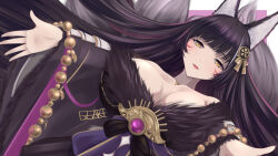 Rule 34 | 1girl, animal ear fluff, animal ears, azur lane, bare shoulders, beads, black tail, breasts, cleavage, collarbone, commentary request, ex saki, facial mark, fox ears, fox girl, fox tail, fur-trimmed kimono, fur trim, gem, highres, japanese clothes, jewelry, kimono, kitsune, kyuubi, large breasts, large tail, long hair, looking at viewer, low neckline, magatama, magatama necklace, multiple tails, musashi (azur lane), necklace, outstretched arms, prayer beads, purple gemstone, simple background, solo, tail, very long hair, whisker markings, white background, yellow eyes