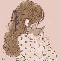 Rule 34 | 1girl, animal, animal hug, animal on arm, artist name, black eyes, black ribbon, brown hair, cat, commentary, earrings, eyelashes, facing away, from behind, hair between eyes, hair ribbon, heart, holding, holding animal, holding cat, hoop earrings, jewelry, long hair, long sleeves, original, pink background, pink shirt, polka dot, polka dot shirt, ribbon, shirt, signature, simple background, symbol-only commentary, traditional media, upper body, wavy hair, whiskers, yayoi (frp-y), yellow eyes