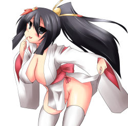 Rule 34 | 1girl, black eyes, black hair, breasts, female focus, groin, hair ornament, japanese clothes, kimono, large breasts, leaning forward, long hair, mushin, no panties, original, ponytail, simple background, solo, standing, thighhighs, white background, white thighhighs, yukata