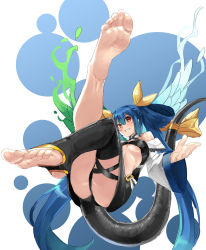 Rule 34 | 1girl, angel wings, asymmetrical legwear, asymmetrical wings, bare legs, bare shoulders, barefoot, belt, blue hair, breasts, choker, detached sleeves, dizzy (guilty gear), eiji (eiji), feet, foot focus, foreshortening, greek toe, guilty gear, guilty gear xrd, hair between eyes, hair ribbon, highres, large breasts, long hair, looking at viewer, midriff, red eyes, ribbon, smile, soles, solo, tail, tail ornament, tail ribbon, thigh strap, thighs, toes, twintails, underboob, wide sleeves, wings, yellow ribbon