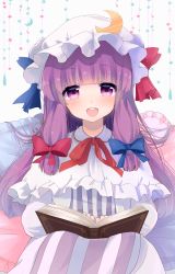 Rule 34 | 1girl, book, capelet, crescent, dress, hair ribbon, hat, highres, long hair, long sleeves, looking at viewer, miiiiiiii, open mouth, patchouli knowledge, pillow, purple eyes, purple hair, ribbon, sitting, smile, solo, striped clothes, striped dress, touhou, tress ribbon, very long hair