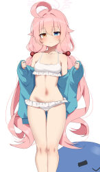 Rule 34 | 1girl, absurdres, ahoge, bare shoulders, bikini, blue archive, blue eyes, blue jacket, blush, breasts, collarbone, frilled bikini, frills, hair between eyes, hair bobbles, hair ornament, halo, heterochromia, highres, hoshino (blue archive), hoshino (swimsuit) (blue archive), incredibly absurdres, jacket, long hair, long sleeves, looking at viewer, low twintails, navel, off shoulder, open clothes, open jacket, pink hair, small breasts, smile, solo, swimsuit, thighs, twintails, w.k, white bikini, yellow eyes