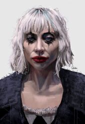 Rule 34 | 1girl, absurdres, facing viewer, highres, joker (2024), lady gaga, lipstick, looking at viewer, makeup, medium bangs, medium hair, portrait, real life, red lips, rxzarx, short hair, signature, simple background, solo, white background, white hair
