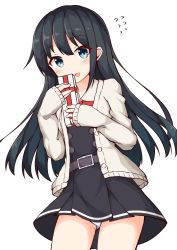 Rule 34 | 1girl, :d, absurdres, asashio (kancolle), belt, belt buckle, black dress, black hair, blue eyes, blush, box, brown belt, brown jacket, buckle, collared shirt, commentary request, dress, flying sweatdrops, gift, gift box, hair between eyes, highres, holding, holding gift, ichi (ichi.colors), jacket, kantai collection, long hair, long sleeves, open clothes, open jacket, open mouth, panties, pinafore dress, pleated dress, school uniform, shirt, simple background, sleeveless, sleeveless dress, sleeves past wrists, smile, solo, underwear, very long hair, white background, white panties, white shirt