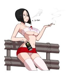 Rule 34 | 1girl, :o, bad id, bad pixiv id, bare arms, bare shoulders, between breasts, black eyes, black hair, breasts, cigarette, cigarette pack, collarbone, commentary, cowboy shot, deliciousmeatart, english commentary, forehead, hair between eyes, highres, holding, large breasts, leaning back, looking up, microskirt, monster energy, navel, open mouth, original, panties, pantyshot, railing, red skirt, shadow, short hair, simple background, skirt, smoking, solo, sweat, translation request, underboob, underwear, white background, white legwear, white panties