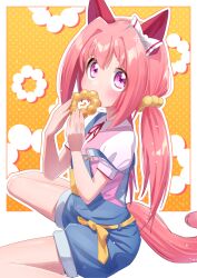 Rule 34 | 1girl, absurdres, alternate costume, animal ears, bow, commentary request, denim overalls, doughnut, ear bow, ear covers, flower-shaped pupils, food, freely2327, hair intakes, hair ornament, haru urara (umamusume), highres, holding, holding food, horse ears, horse girl, horse tail, long hair, mouth hold, on ground, pink eyes, pink hair, ponytail, shorts, sitting, solo, symbol-shaped pupils, tail, umamusume, wariza, white bow, yellow bow