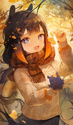 Rule 34 | 1girl, absurdres, alternate costume, autumn, black hair, blue eyes, blunt bangs, brown scarf, brown sweater, center-flap bangs, commentary, creature on hand, english commentary, ginkgo leaf, gradient hair, happyongdal, highres, hololive, hololive english, leaf, light blush, long hair, looking at viewer, mole, mole under eye, multicolored hair, ninomae ina&#039;nis, open mouth, orange hair, pointy ears, scarf, sidelocks, solo, sweater, takodachi (ninomae ina&#039;nis), tentacle hair, virtual youtuber
