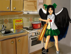 Rule 34 | 1girl, 4chan, cooking, female focus, food, japanese bird cooking spaghetti, kitchen, meme, parody, pasta, pot, reiuji utsuho, sketch, solo, touhou, wings