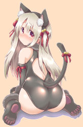 Rule 34 | 1girl, animal ears, ass, bare shoulders, bell, black one-piece swimsuit, blonde hair, brown background, cat ears, cat tail, dangeroes beast (illya), elbow gloves, fate/kaleid liner prisma illya, fate (series), gloves, highres, illyasviel von einzbern, long hair, looking at viewer, looking back, m.m, official alternate costume, one-piece swimsuit, red eyes, red ribbon, ribbon, simple background, sitting, solo, swimsuit, tail, tears, wariza