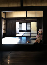 Rule 34 | 1girl, annin musou, architecture, bad id, bad pixiv id, commentary request, curtains, door, east asian architecture, grey hair, hand on own knee, hand up, hook, knees up, long hair, open collar, open mouth, original, reflection, shadow, shirt, sitting, sliding doors, solo, sunlight, sweater, wooden floor, yawning