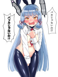 Rule 34 | 1girl, alternate costume, anger vein, animal ears, black pantyhose, blunt bangs, blush, breasts, clenched hand, covering breasts, covering crotch, covering nipples, covering privates, embarrassed, fake animal ears, hair ribbon, headgear, highres, kantai collection, long hair, long sleeves, medium breasts, meme attire, murakumo (kancolle), necktie, open mouth, orange eyes, pantyhose, rabbit ears, red necktie, revealing clothes, reverse bunnysuit, reverse outfit, ribbon, sidelocks, silver hair, simple background, solo, speech bubble, sweat, translation request, tress ribbon, tussy, white background, wrist cuffs