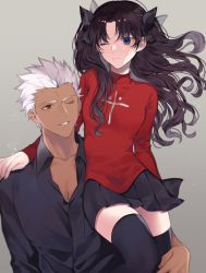 Rule 34 | 1boy, 1girl, archer (fate), black hair, black ribbon, black shirt, black skirt, black thighhighs, blue eyes, brown eyes, collarbone, collared shirt, commentary, commentary request, dark-skinned male, dark skin, fate/stay night, fate (series), grey background, hair ribbon, highres, holding person, long hair, long sleeves, one eye closed, parted bangs, pleated skirt, red shirt, ribbon, shimatori (sanyyyy), shirt, silver hair, simple background, skirt, smile, symbol-only commentary, thighhighs, tohsaka rin, twintails, zettai ryouiki