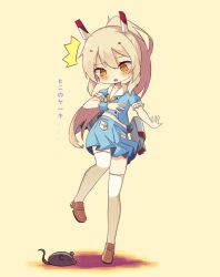 Rule 34 | 1girl, @ @, ^^^, ayanami (azur lane), ayanami (grade a sailor uniform) (azur lane), azur lane, blue skirt, blush, brown footwear, full body, headgear, highres, inkyubeiteo, light brown hair, loafers, long hair, mouse (animal), open mouth, pleated skirt, ponytail, shoes, short sleeves, skirt, solo, standing, standing on one leg, thighhighs, torpedo tubes, translation request, white thighhighs, yellow background, yellow eyes